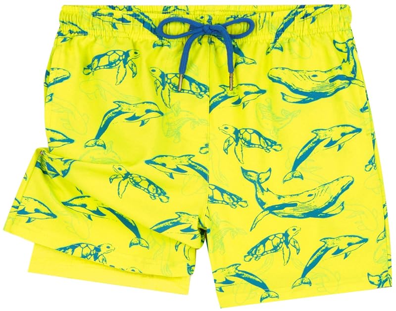 Neon Yellow Shark Toddler Boys Swim Trunks with Compression Liner - 10-12 Years