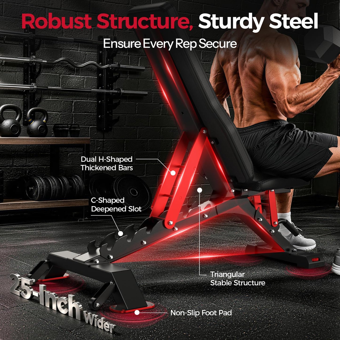 FLYBIRD WB7 Weight Bench, Commercial Grade Adjustable Weight Bench - 1300LBS Workout Bench for Home Gym, Flat Incline Bench Press Heavy Duty Bench with 34'' Extra-Long Backrest and Easy-Roll Wheels