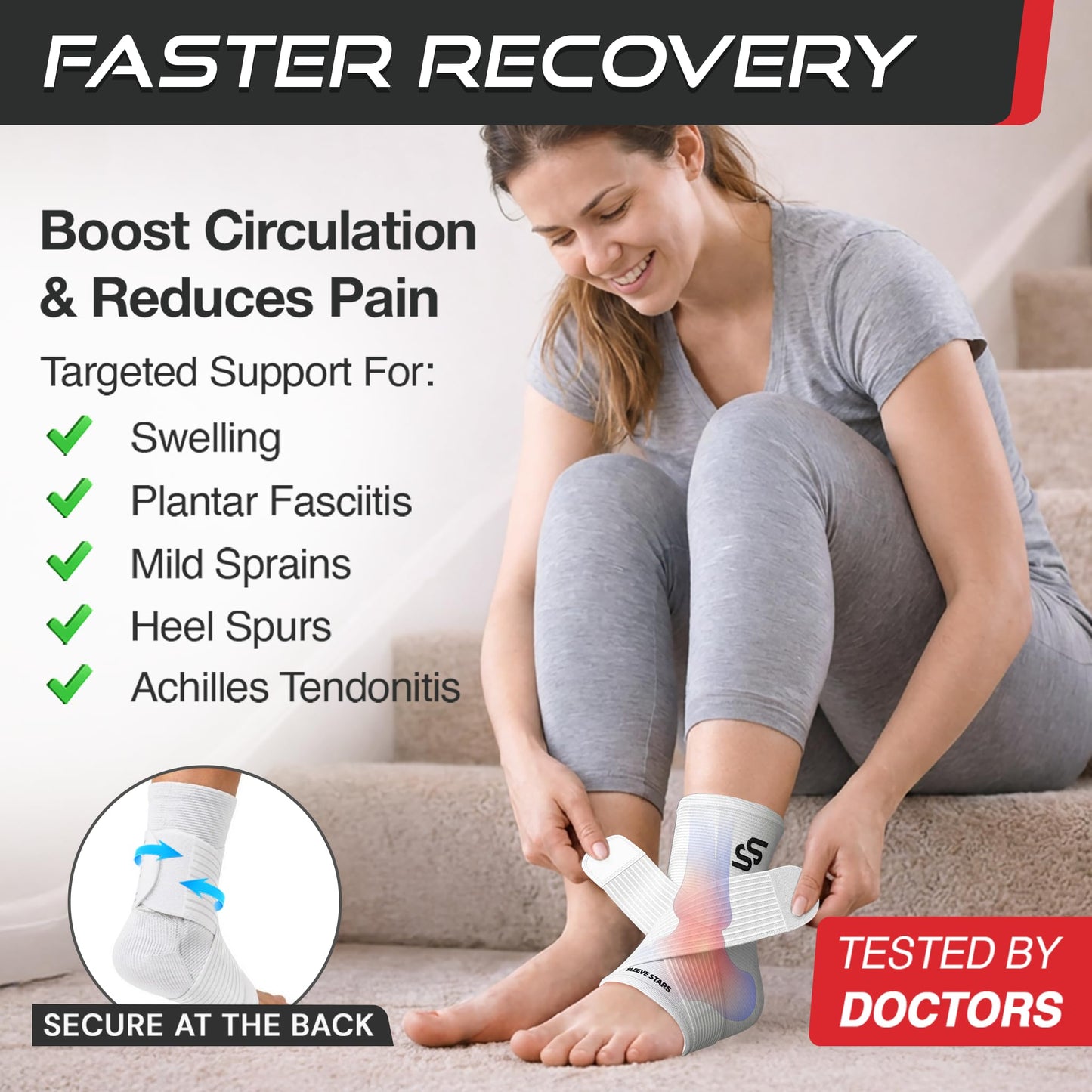 Sleeve Stars Ankle Brace for Women & Men, Ankle Wrap for Sprained Ankle, Compression Sleeve for Plantar Fasciitis Relief, Easy Customizable Support: w/Removable Strap (Single/S:9"-10"/White)