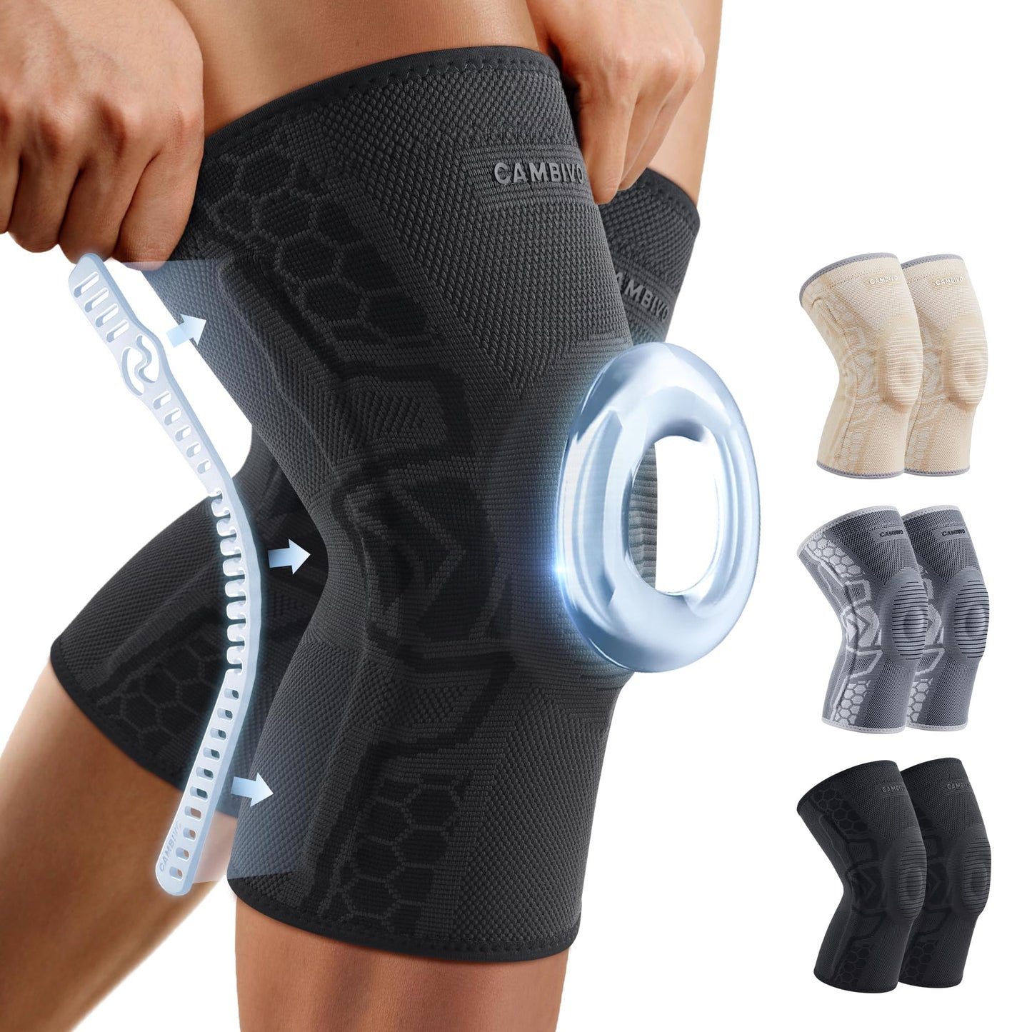 CAMBIVO Knee Brace for Knee Pain, Medical Grade Knee Compression Sleeve with Side Stabilizers & Patella Gel Pad for Meniscus Tear, Arthritis, ACL, Running,Workout, Daily Use(Black, Medium)