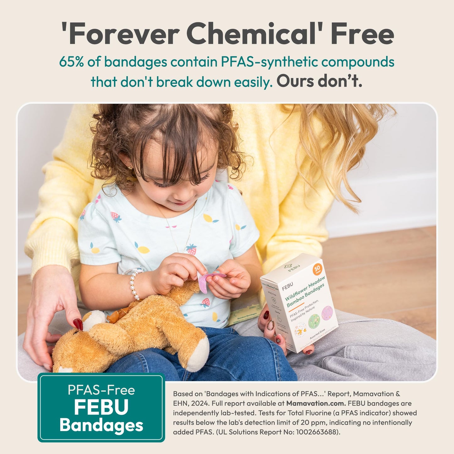 FEBU Wildflower Print Bamboo Fabric Bandages | PFAS Free Flexible Fabric Bandages | Natural Hypoallergenic Bandage for Scrapes, Cuts & First Aid | Compostable, Latex Free Bandage | 50 Count Strip