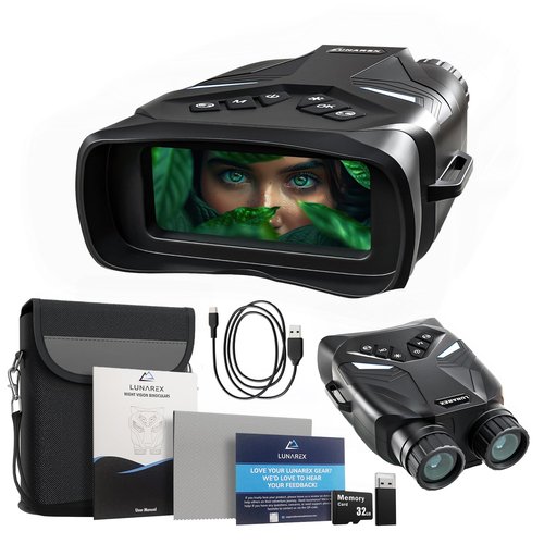 LUNAREX 4k Night Vision Goggles for Adults - Digital Night Vision Binoculars with 8X Digital Zoom, 32GB Card, 3" LCD - Wolf Design Rechargeable Infrared Goggles Can Save Photo Video for Camping Hiking