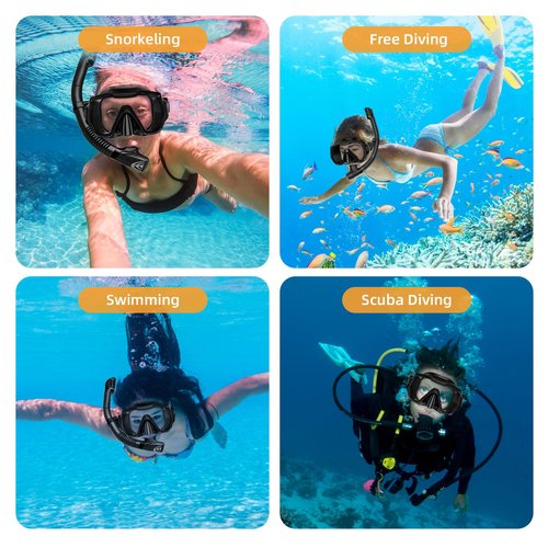 Snorkel Set Adults Snorkeling Gear Anti-Leak and Anti-Fog Tempered Glass Lens Panoramic View Swim Mask Dry Top Snorkel Kit for Snorkeling Scuba Diving Swimming Travel with Carry Bag