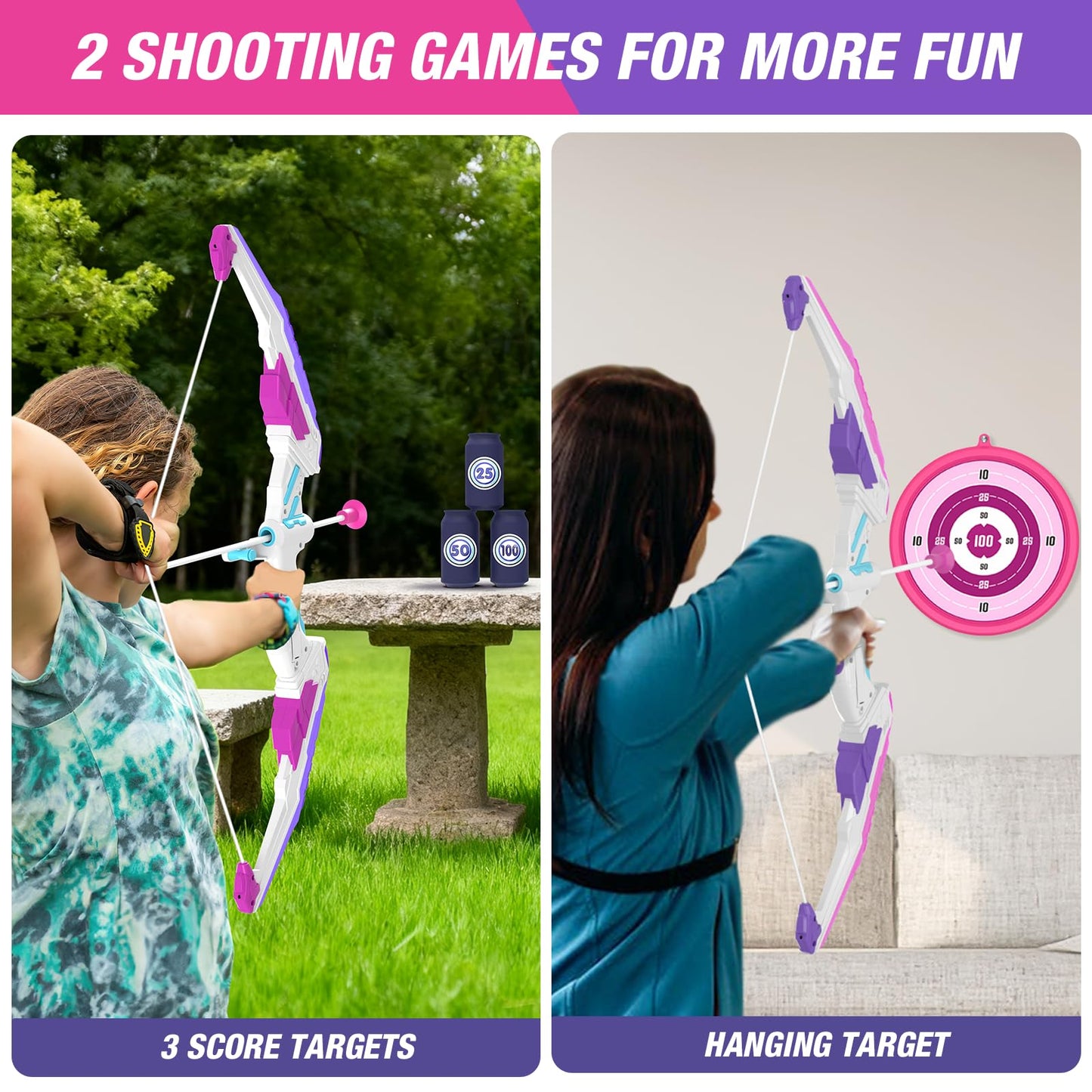 HYES 2 Pack Bow and Arrow for Kids, LED Light Up Archery Set with 24 Suction Cup Arrows, 2 Hanging Targets, 6 Score Targets & 2 Quiver, Indoor Outdoor Sport Toys for Girls Ages 4-12