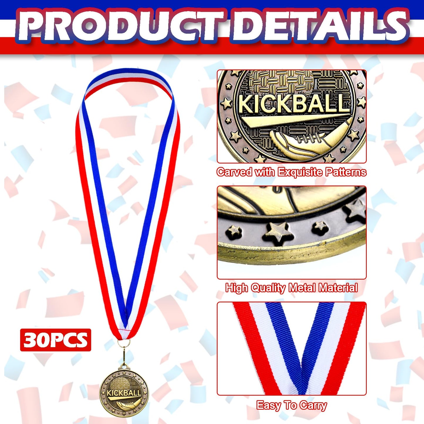 Remuuly 30 Pcs Gold Medals Bulk 2'' Basketball Soccer Baseball Volleyball Football Lacrosse Kickball Cheer Bowling Trophy Medals for Awards for Sports Participation Winner Gift(Gold,Kickball)
