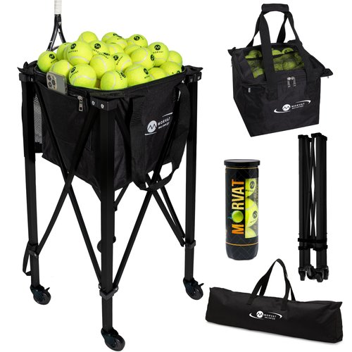 MORVAT Professional Tennis & Pickle Ball Hopper Holds 165 Balls Heavy-Duty Pro Sports Practice Cart, Foldable Portable Compact & Lightweight Zippered Pocket & Racket Holder, Carry Bag + 3 Tennis Balls