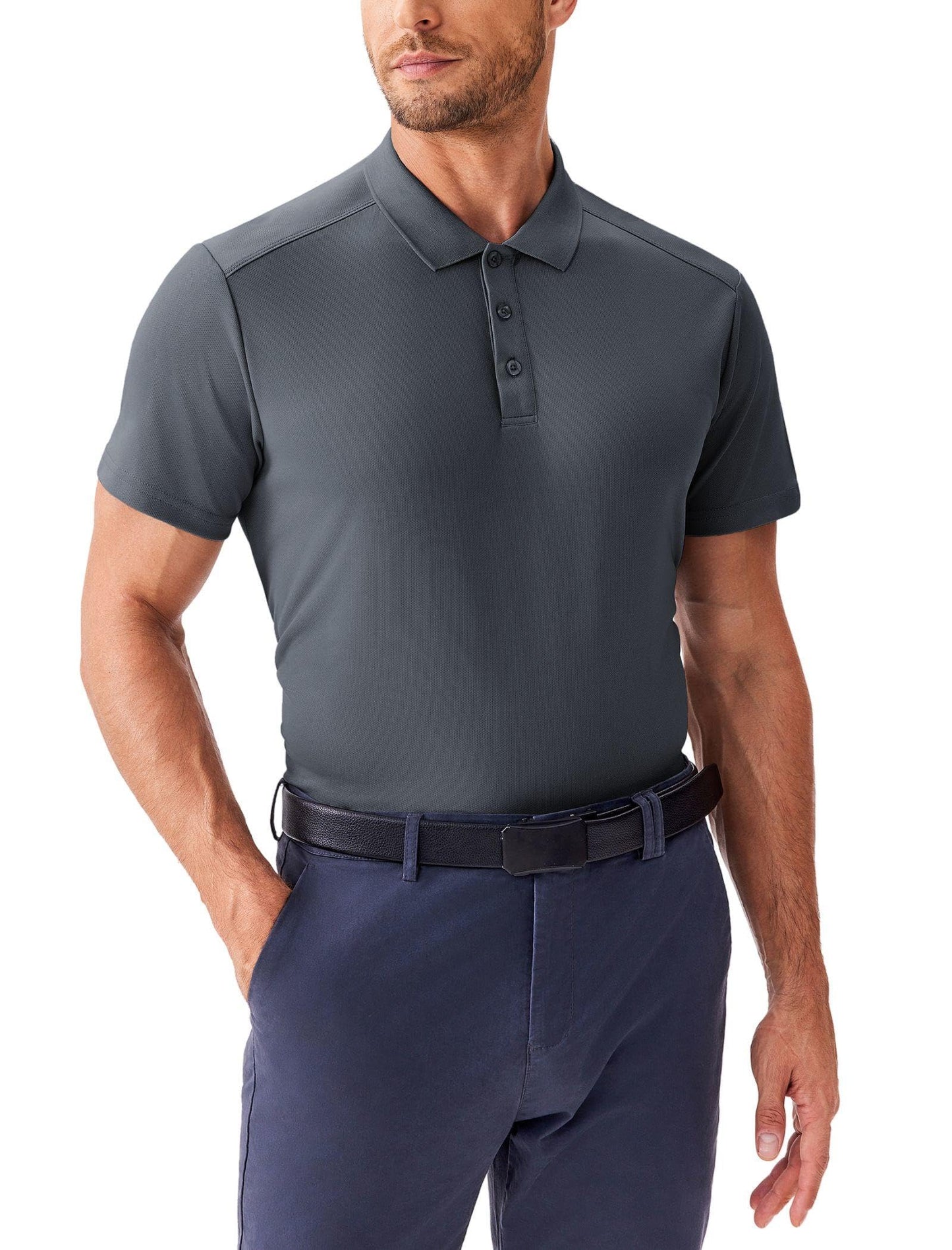 PINSPARK Men's Golf Polo Shirts Moisture Wicking Quick Dry Performance Short Sleeve Collared Shirt Slim Fit Athletic Polos Dark Gray