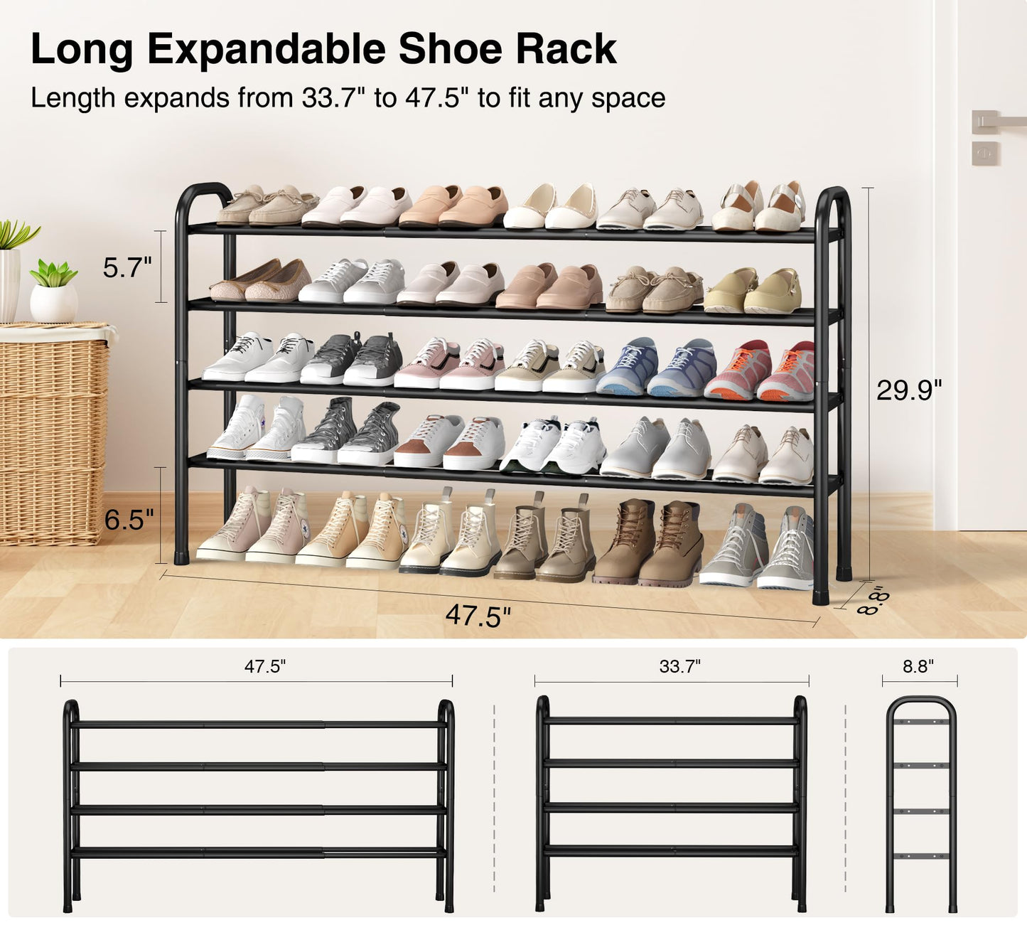 STO STO Long Expandable Shoe Rack 4-Tier, Adjustable Length 33.7”–47.5” Shoe Organizer, Metal Shoes Storage Shelf, Holds Up to 30 Pairs, Non-Slip Feet, for Closet, Entryway, Hallway, Front Door, Black