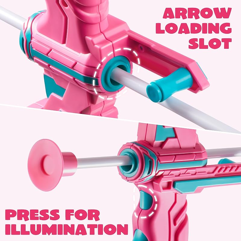 Pink Bow and Arrow Set for Girls with LED Light-Up Bow, 9 Suction Arrows, Target & Case – Indoor/Outdoor Play (Variation: Pink)