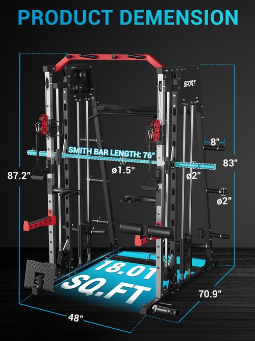 MIUUKA Smith Machine with Cable Crossover for Home Gym,2200lbs Multi-function Squat Rack Power Cage,All-in-One Fitness Equipment with LAT Pull-Down & Dual Pulley System & Leg Hold-Down Attachment, Red