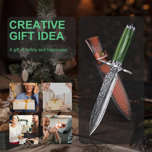 FUSIONKEI Fixed Blade Knife with Leather Sheath, Survival Camping Damascus Feather Knives D2 Steel with Green Pakkawood Handle, Full Tang Bushcraft for Outdoor Use