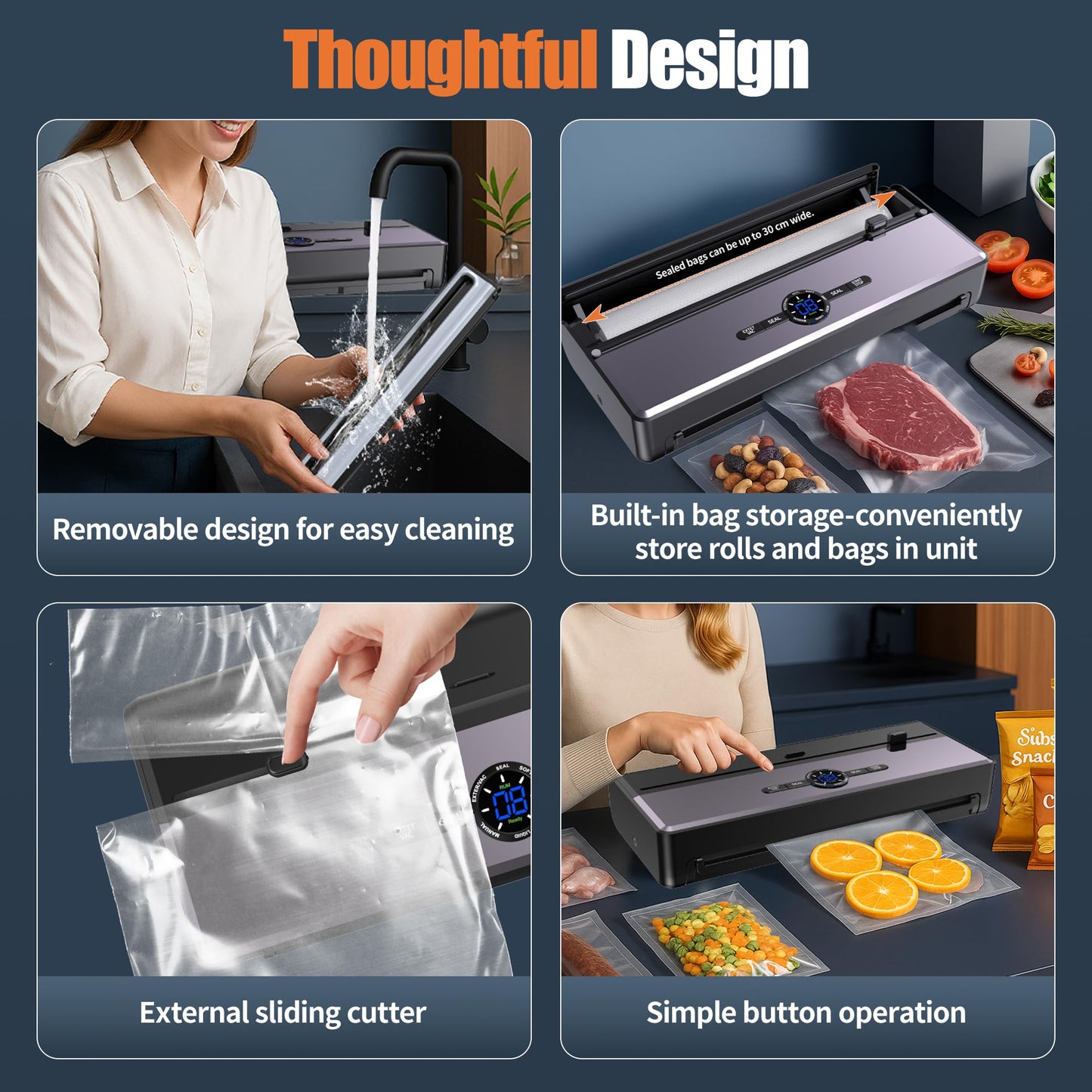 Sealer Machine for Food Storage, 85KPA Strong Suction, Dry/Moist Mode, Automatic Seal in 10-20 Seconds with 10 Vacuum Bags & 1 Roll, Built-in Cutter, Bag Storage & Vacuum Hose, for Home Kitchen Use