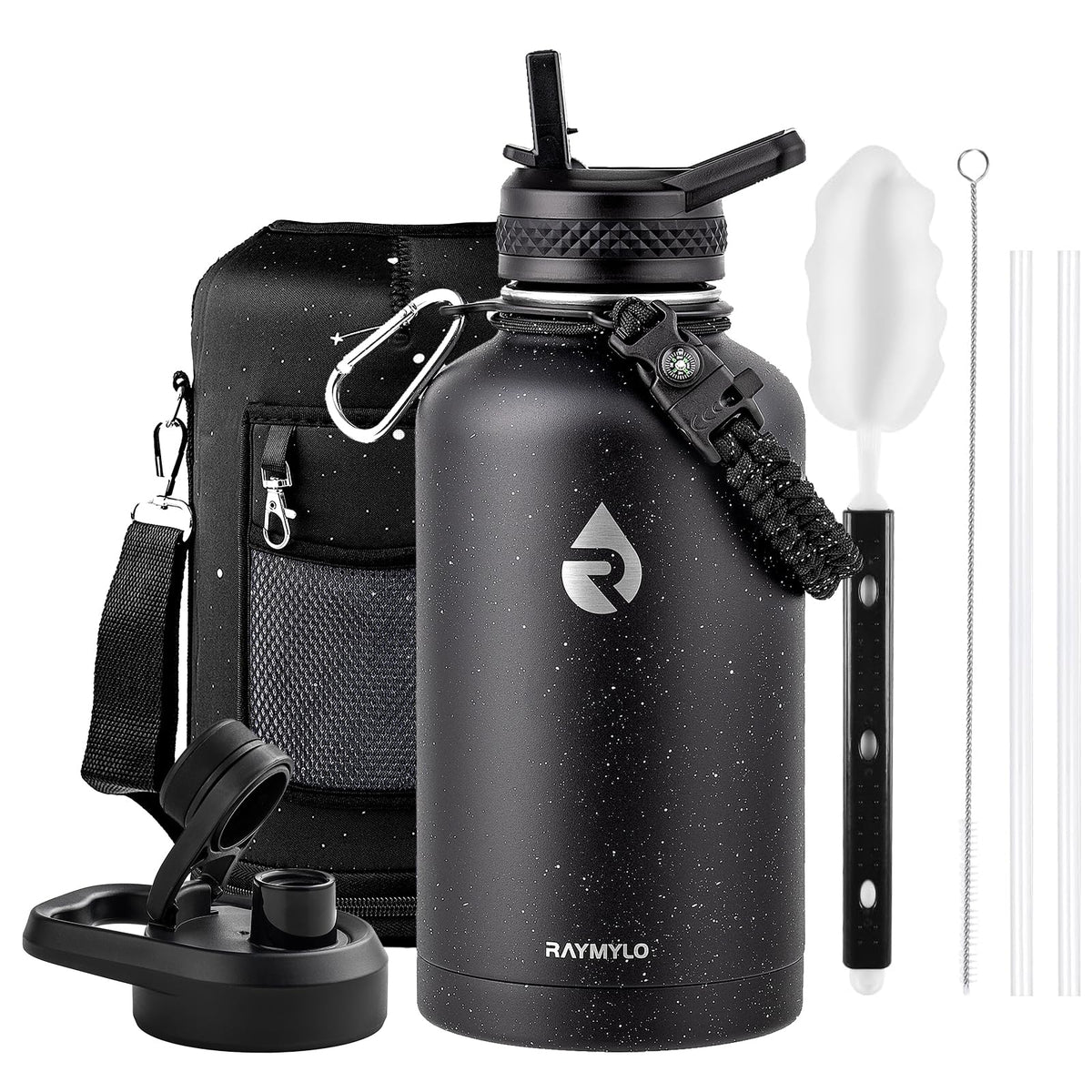 RAYMYLO Insulated Water Bottle 64 oz, Triple Wall Vacuum Stainless Steel (Cold for 48 Hrs), Leak Proof & Non-BPA, Half Gallon Water Flask Jug with Paracord Handle & Straw Spout Lids