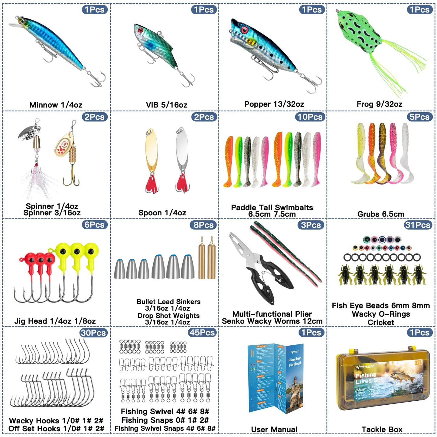 WITOROR Fishing Lures, 148Pcs Tackle Box with Tackle Included, Crankbaits, Spoon, Hooks, Weights & Other Accessories, Fishing Bait Lure Gear Kit Gifts for Men Bass Freshwater