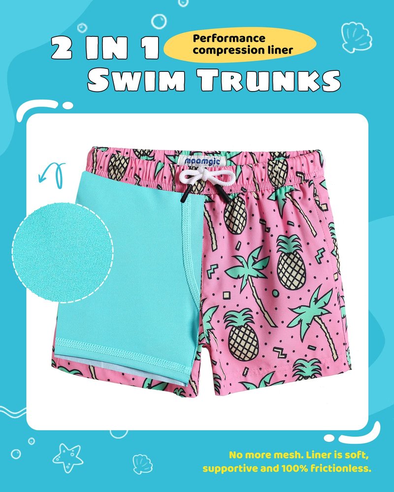 maamgic Boys Swim Trunks with Compression Liner Toddler Stretch Swim Shorts Quick Dry Swimming Trunks Boxer Brief 2 in 1 Beach Shorts Rose Coconut 4T