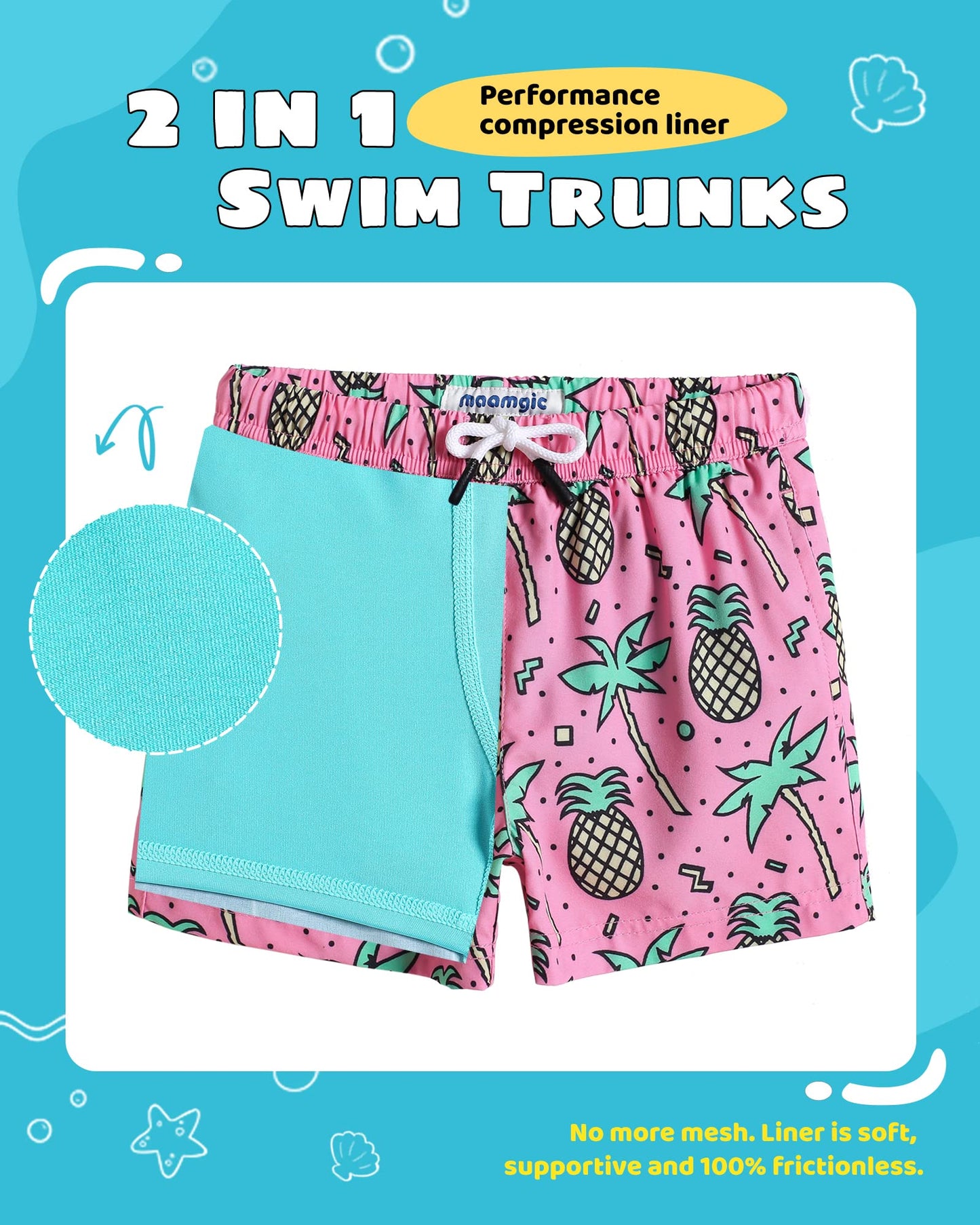 maamgic Boys Swim Trunks with Compression Liner Toddler Stretch Swim Shorts Quick Dry Swimming Trunks Boxer Brief 2 in 1 Beach Shorts Rose Coconut 5/6