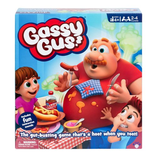 Gassy Gus, The interactive gut-busting game that's a hoot when you toot! Feed Gus gassy foods, but watch out for the big blast of gas! Packed with hilarious sounds, it's Ideal for 2-4 players ages 4+
