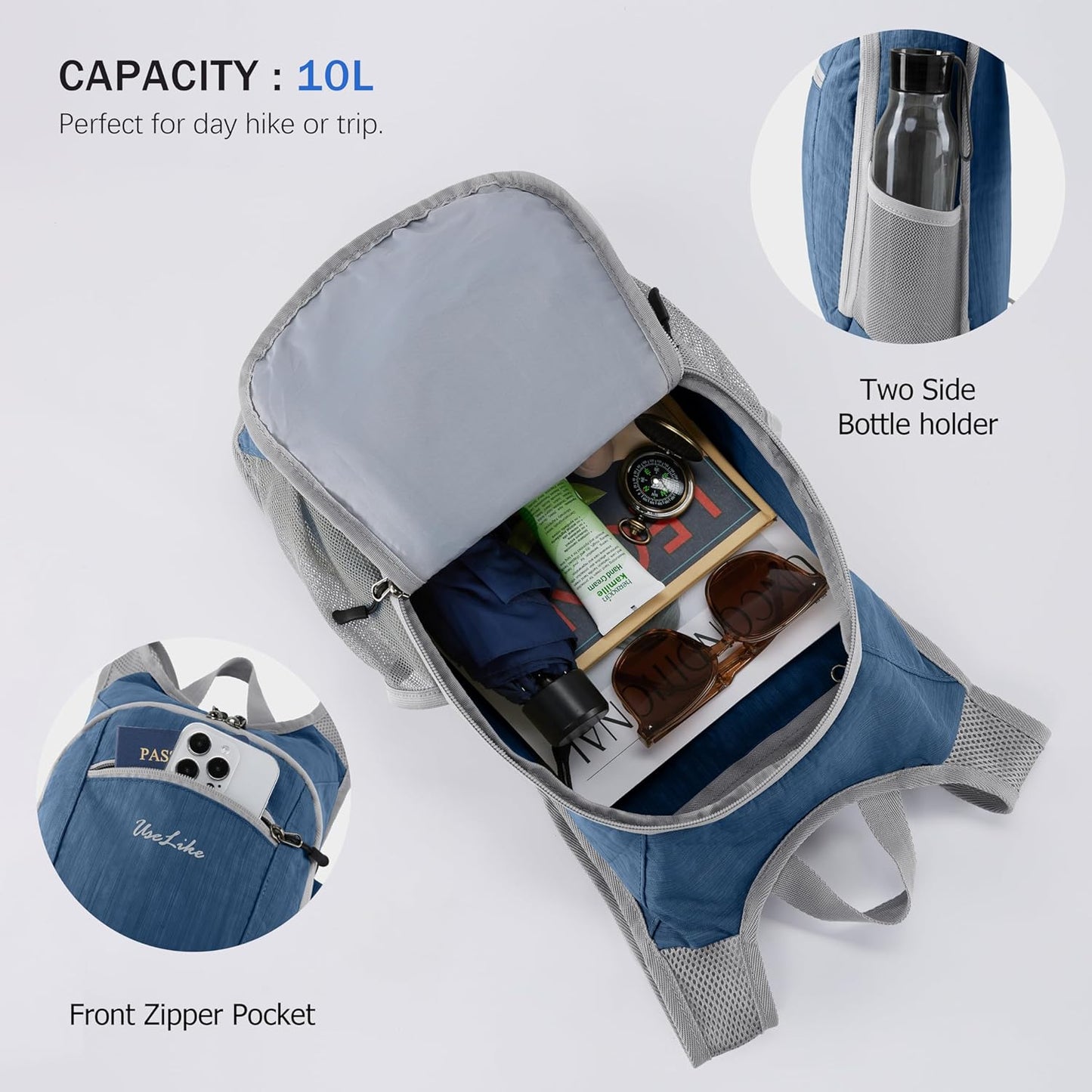 10L Small Hiking Backpack Travel Daypack Lightweight Packable Back Pack for Women Men(Black)