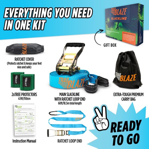 Complete Ninja Slackline Kit - 60ft Long Slack Line for Backyard for Kids & Adults with Ratchet Straps, Wider Tree Protectors - Slackline Kit for Ninja Warrior Obstacle Course for Kids Outdoor Playset