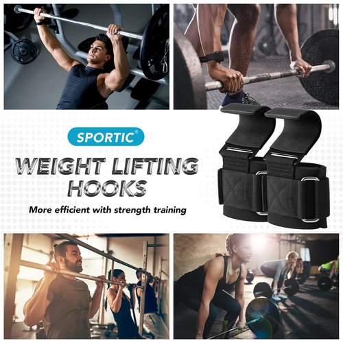 SPORTIC Weight Lifting Hooks (Pair) - Heavy Duty Lifting Wrist Straps, Hand Grip Support for Deadlifts, Pull Ups, Shrugs, Weightlifting Hooks Gym Gloves for Men and Women