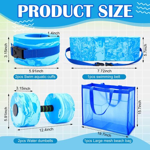 WinnerWhy 6 Pcs Aquatic Exercise Set Water Aerobics Set with Large Mesh Beach Bag Pool Fitness Equipment Foam Water Dumbbell Ankle Swimming Weight Aquatic Swim Belt for Exercise Weight Loss(Blue)