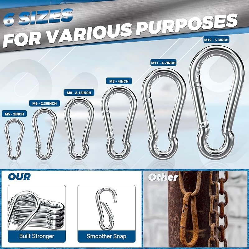 4Inch Marine-Grade 316 Stainless Steel Carabiner Clip | Heavy-Duty Snap Hook Set of 5