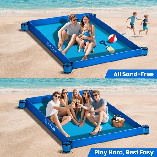 KPCB Tech Beach Blanket Sandproof Waterproof with Fence, 10' x 9' Sand Proof Beach Mat with 4 Weighted SandBags, Portable & Durable Extra Large Sand Free Mats