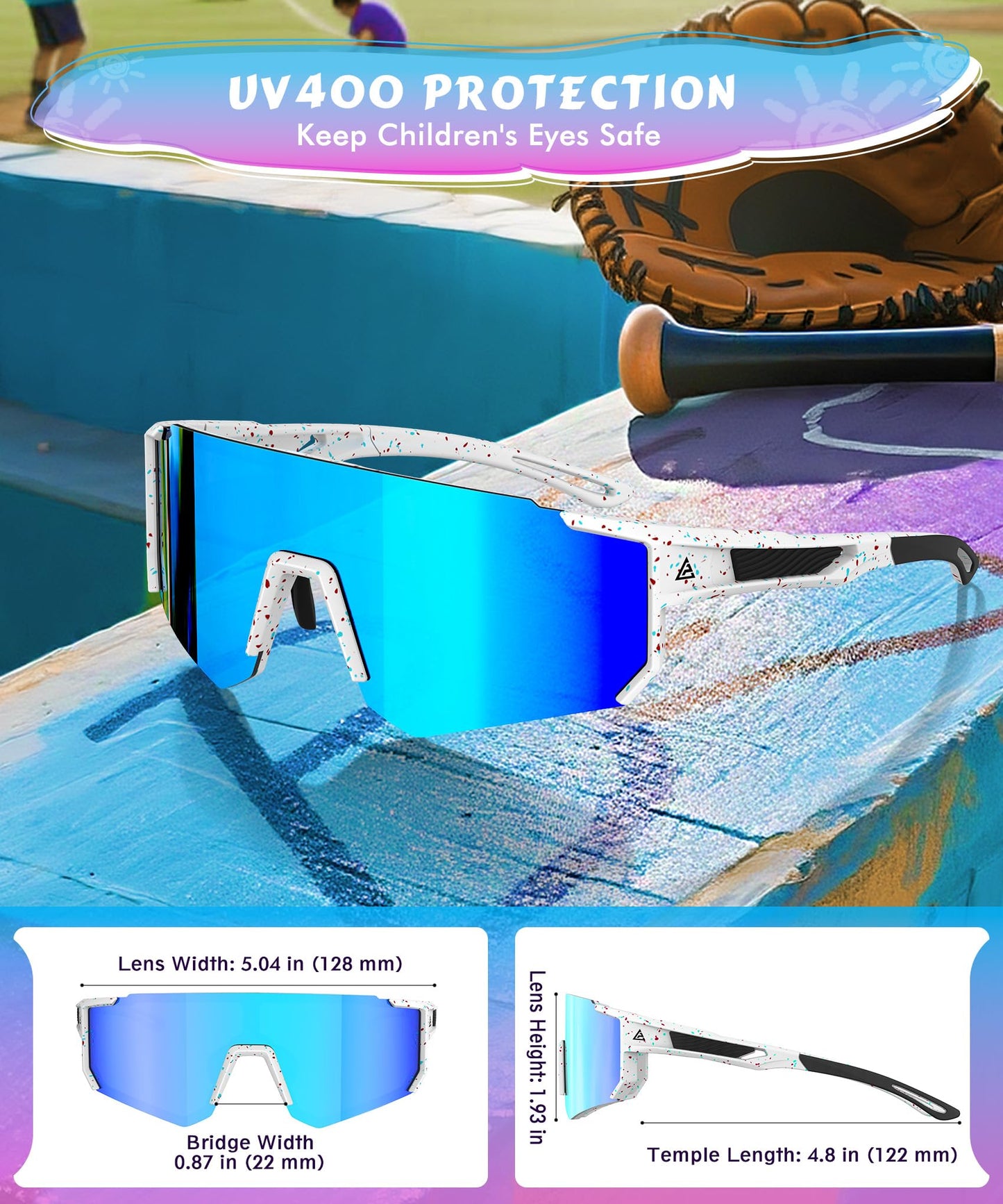 QALLY 3 Pack Kids Sunglasses Youth Baseball Sunglasses for Boys Girls Age 4-14, Cycling Softball Running UV400 Protection Sports