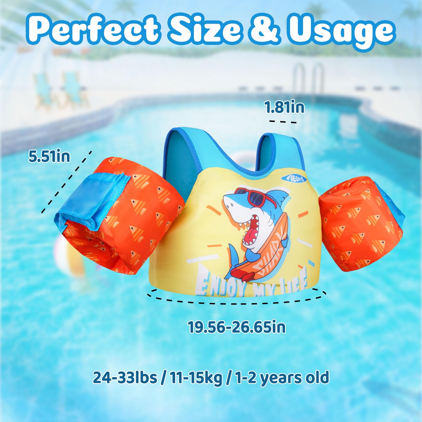 AEOCOO Puddle Float Jumper 20-30 Pounds, Toddler Swim Vest for 1-2 Years Old, Pool Floats with Swimming Arm Floaties Swim Jacket with Water Wings for Kids Swimmies, Boys, Girls, Niños, Shark