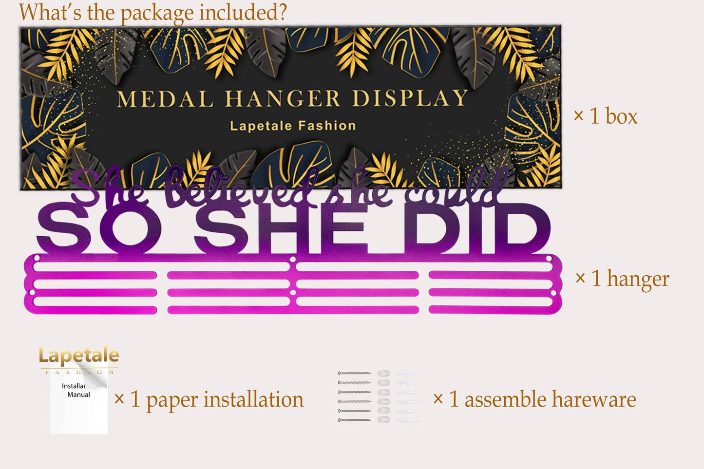 Lapetale Fashion Medal Hanger Holder Display Wall Rack Frame Shelf in 16" Long-Medal Hanger Awards Ribbon Cheer,Gymnastics,Soccer,Softball Holder Display Custom Rack for Sports Medals Easy to Install