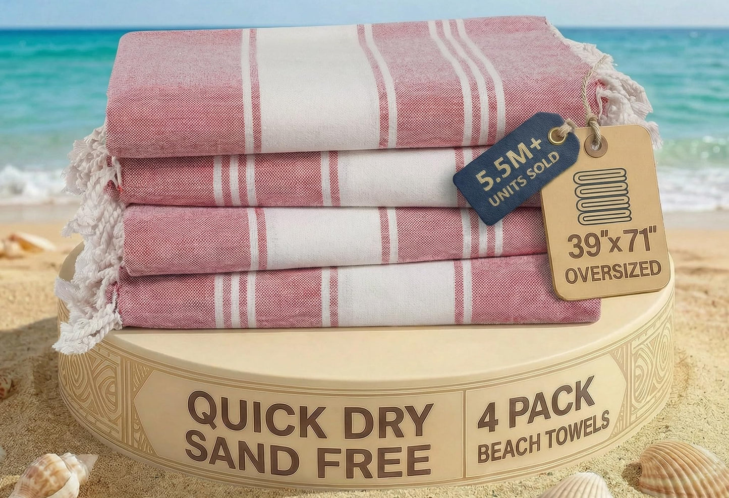 LANE LINEN Beach Towel Set of 4, Turkish Beach Towel Set, Pre-Washed Pool Towels, Quick Dry Travel Beach Towel, Extra Large Beach Towels Oversized, 39"x71" - Cashmere Rose