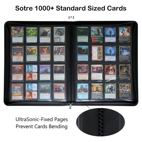 Rayvol Premium 1000+ Pockets Card Binder, 16-Pocket Ringless Trading Card Album Folder - Side Loading UltraSonic-161024 Tech Zip Binder for TCG -Black