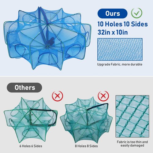 Folded Fish Trap, 10 Holes 10 Sides Crayfish Trap Fish Crab Traps with Nylon Rope for Catching Small Bait Eels Crab Lobster Minnows Shrimp
