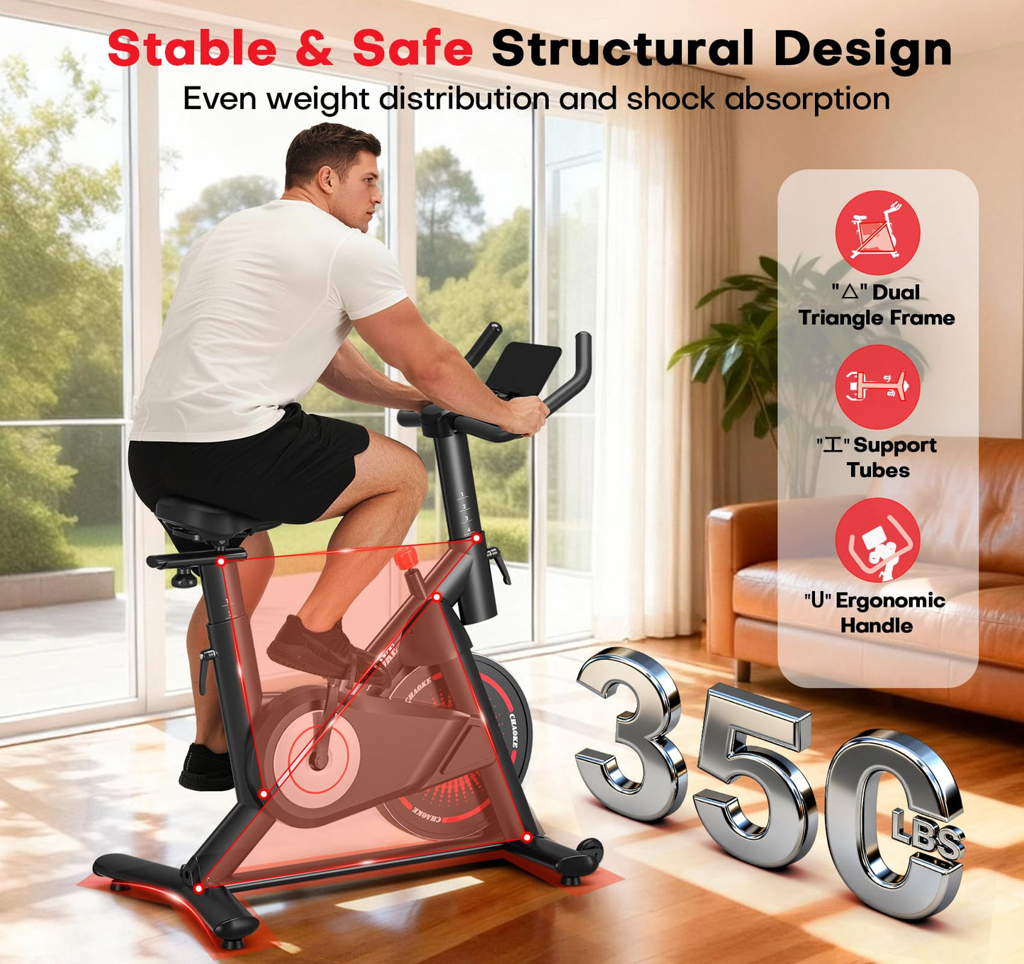 CHAOKE Exercise Bike, Quiet Adjustable Magnetic Stationary Bike for Home Cardio with App Compatible, 350LB Weight Capacity Indoor Cycling Bike with Comfortable Seat, Digital Display for Home Fitness