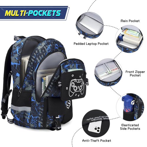 Scothen Boys Backpack, Cool Luminous School Backpacks for Boys with Lunch Bag Pencil Case, Kids Backpack Kindergarten Elementary Middle School Book Bags for Teen Boy Children with USB Charging Port