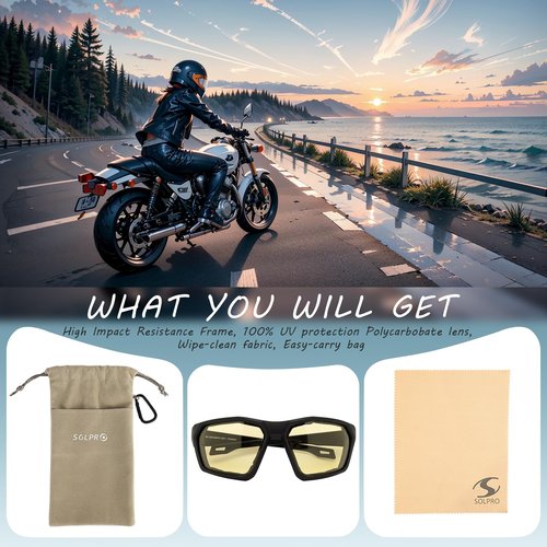 SOL PRO Anti-Fog Motorcycle Riding Glasses, Safety Eye Protection, Wrap Around, Foam Padding, Dustproof Windproof, Hunting, Hiking, Driving, For Men Women