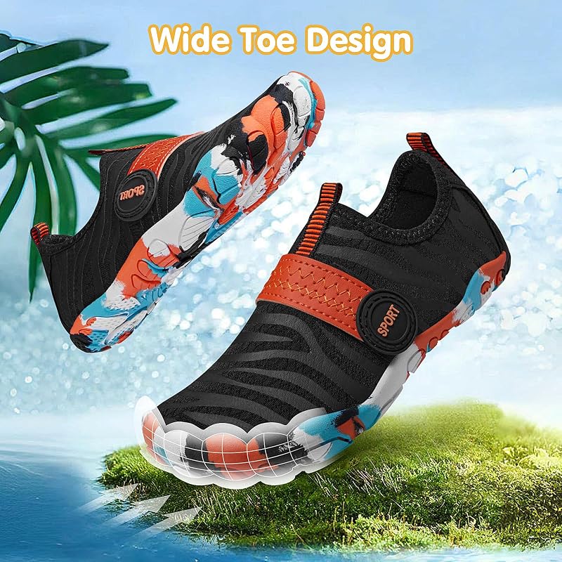 Kids Water Shoes - Quick-Dry Barefoot Style for Boys & Girls, 4-12 Years, Black-Orange Ripple (Big Kid)