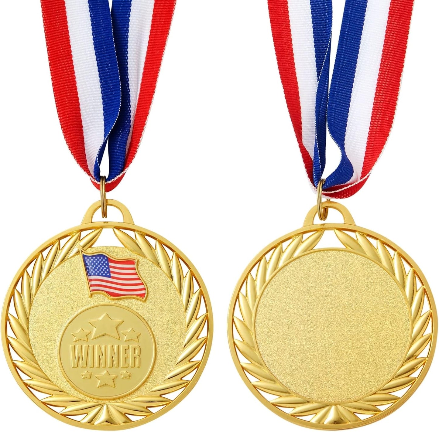 Juvale Medals for Awards - 12-Pack Gold 2.75-inch Medals with 15.5-inch Red/White/Blue Neck Straps - 1st Place Award & Participation Ribbons - Competition Ribbons for Kids