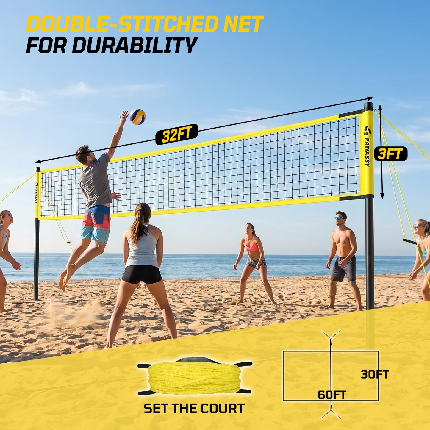 Outdoor Volleyball Net System, 32FT Regulation Size Anti-Sag Net, Quick Setup Adjustable Height Poles, Volleyball Set with Pump, Boundary Line and Carry Bag for Backyard Beach Lawn