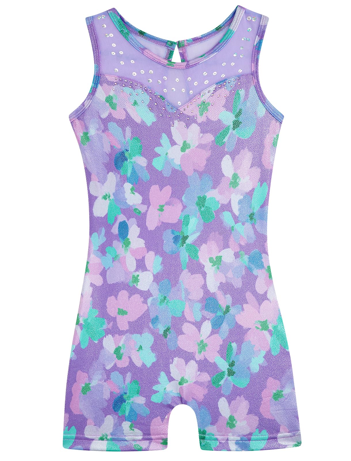 HOZIY Leotards for Girls Gymnastics Mesh Neckline with Iridescent Rhinestones Back Cut Out Sleeveless Size 6-7 Years Purple Floral Biketard Shorts Tumbling Outfits Kids Sparkly Shiny