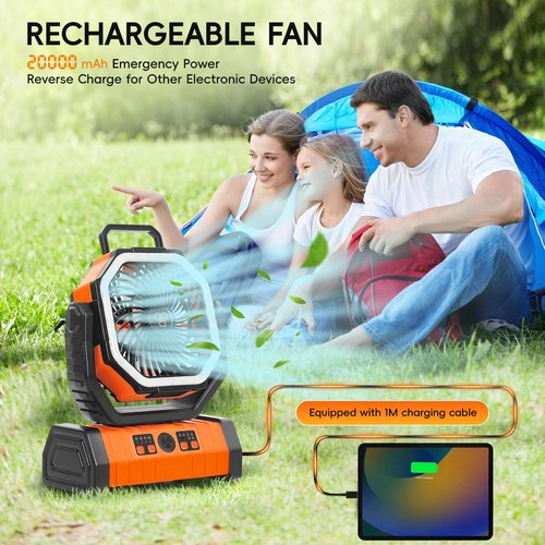 OUTTPLY 20000mAh Camping Fan - Rechargeable Battery Powered Portable Fan with LED Lantern, Remote Control, Oscillating, 360° Rotation Hanging Hook for Outdoor Travel, Camp, Tent