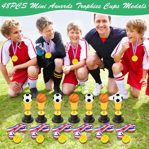 Fottaqqan 48PCS Mini Awards Trophies Cups Medals for Kids,4inch Plastic Golden Trophy Medal Set,Participation Trophy for Winner Competition Sports Reward Party Favors