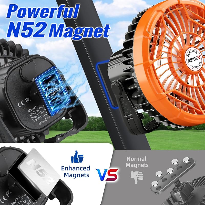 AIPSET Magnetic Golf Cart Fan 48 Hrs Runtime, 10400mAh, LED Lights, Universal Fit 1