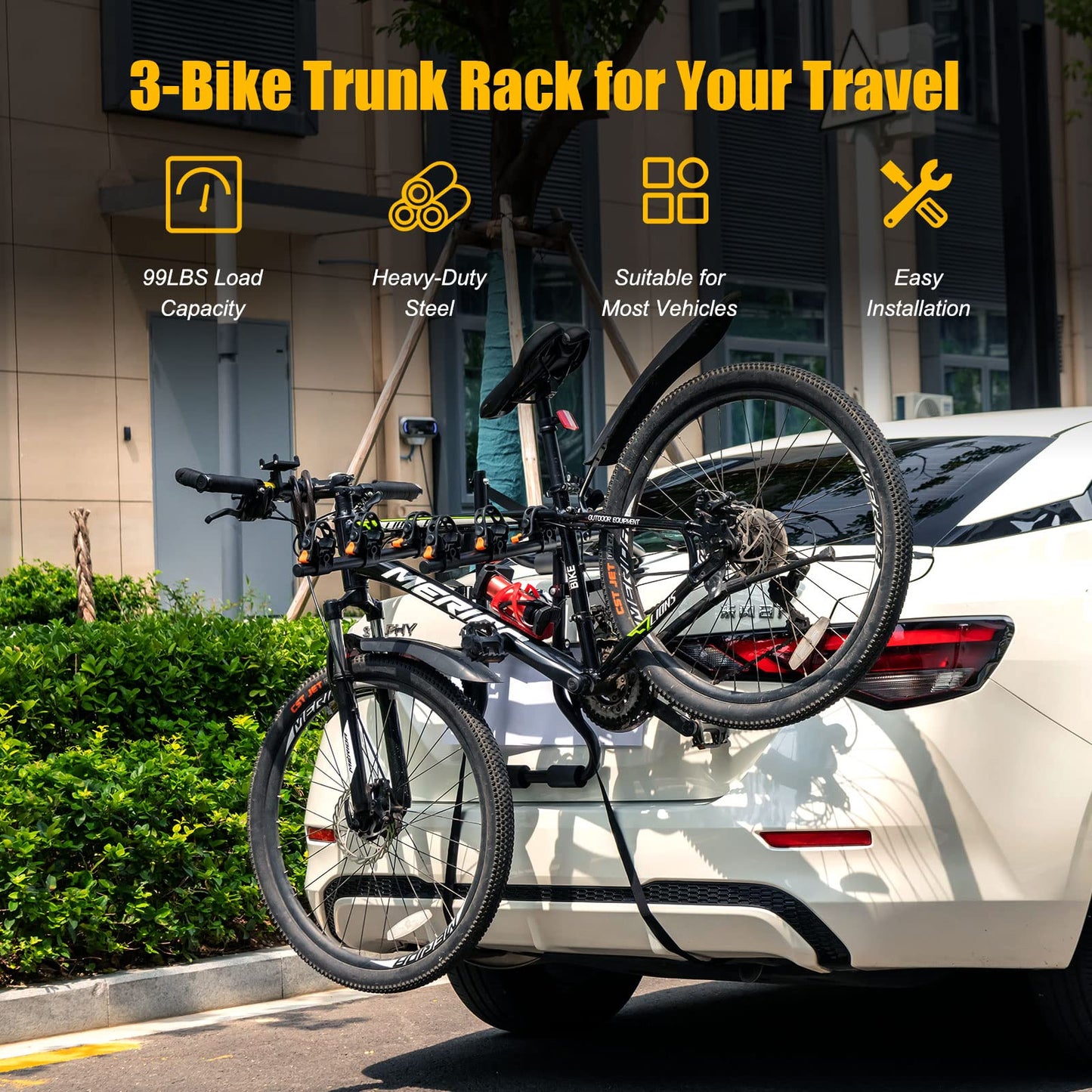 GYMAX Bike Rack, Trunk Mounted 3 Hitch Rack with 2”Receiver & Double Safety Guarantee, Folding Heavy Duty Adjustable Bicycle for Cars, Trucks, SUV's and Minivans Black