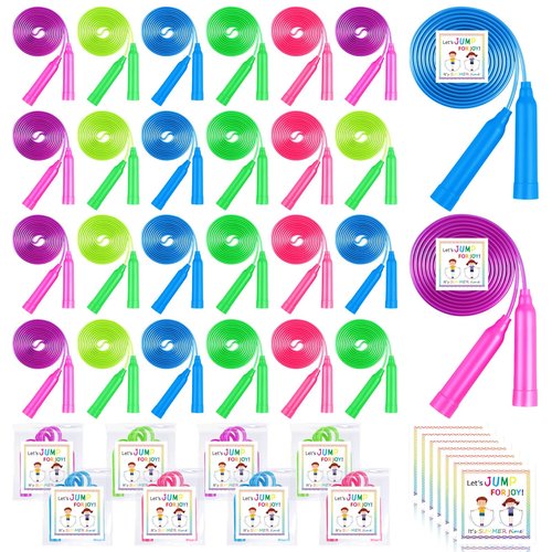 FOGWOWO 24 Pcs End of Year Student Gifts from Teacher Jump Ropes 5 Colors 7.4 ft Plastic Jump Ropes with 24 Pcs JUMP FOR JOY Stickers,Adjustable Jumping String Skipping Ropes for Outdoor Sports Activities Party Favor