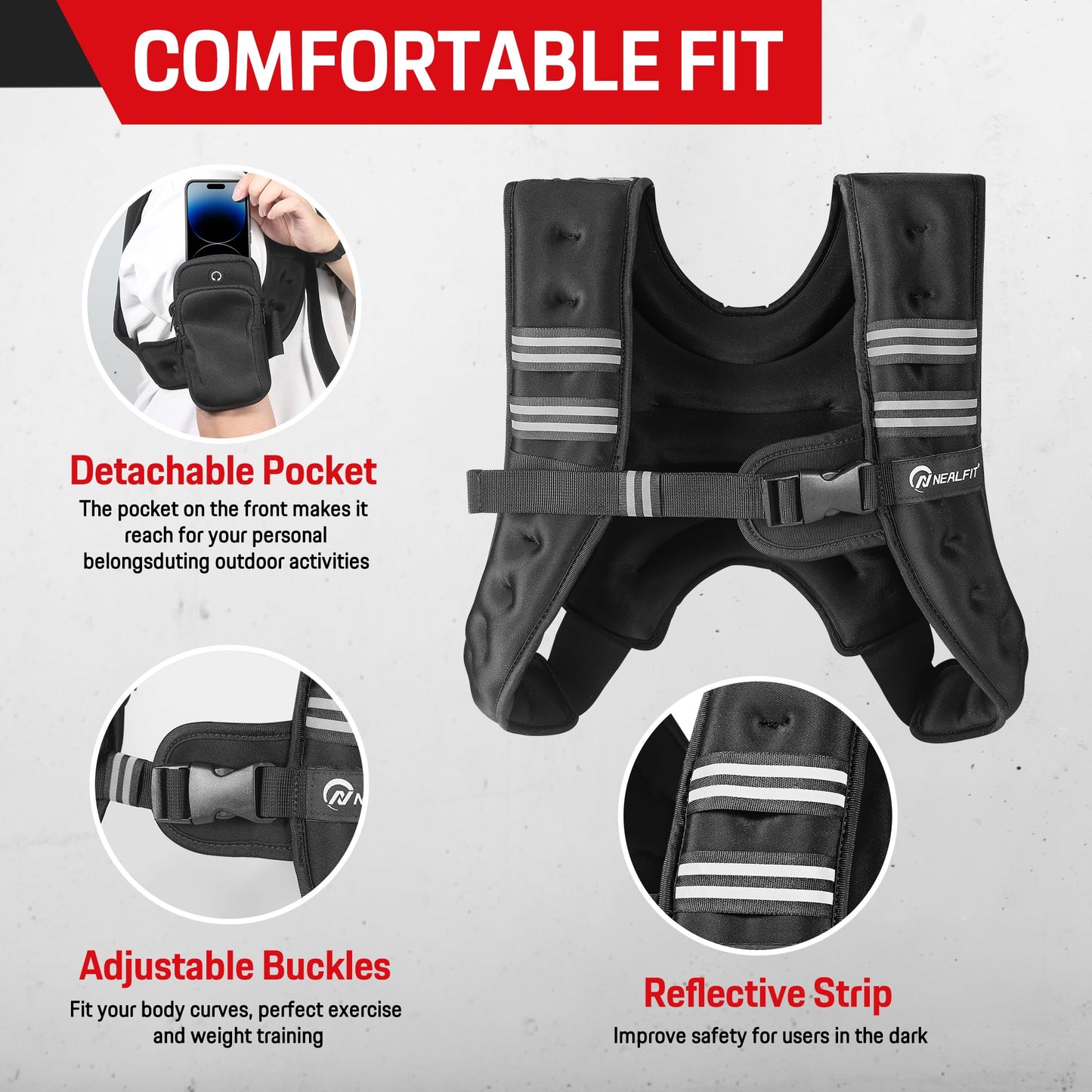NEALFIT Weighted Vest for Men & Women, 5lbs/10lbs/15lbs/20lbs Weight Vest, Perfect for Running, Walking, Fitness, and Strength Training (Black, 20 lb)