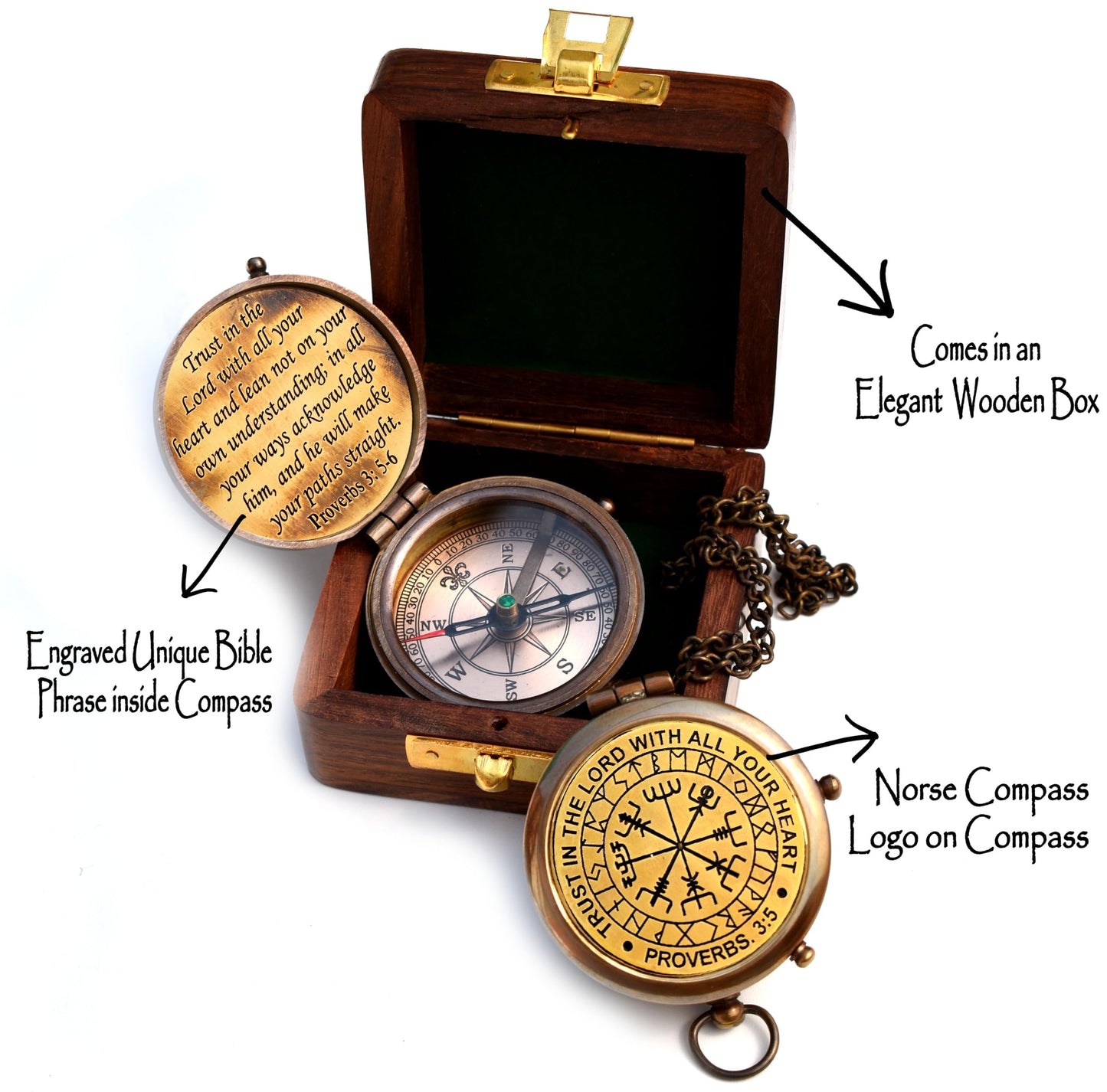 Trust in The Lord-Proverbs 3: 5-6 Quote Engraved Compass with Wooden Box, Greeting Card Included-Viking compass-Gift Compass-Christian, 2025 Graduation Day Gifts-Baptism Gifts for Women Mens Boy Girls