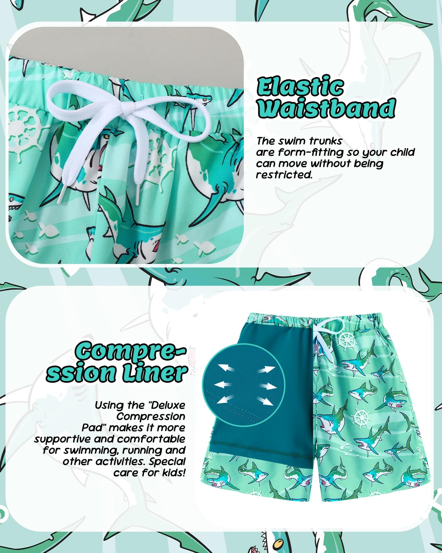Swim Trunks Boys with Compression Liner Little Boys Swimming Trunks Quick Dry Toddler Swimsuit Boy Kids Swim Shorts Aqua Green 5-6 Years