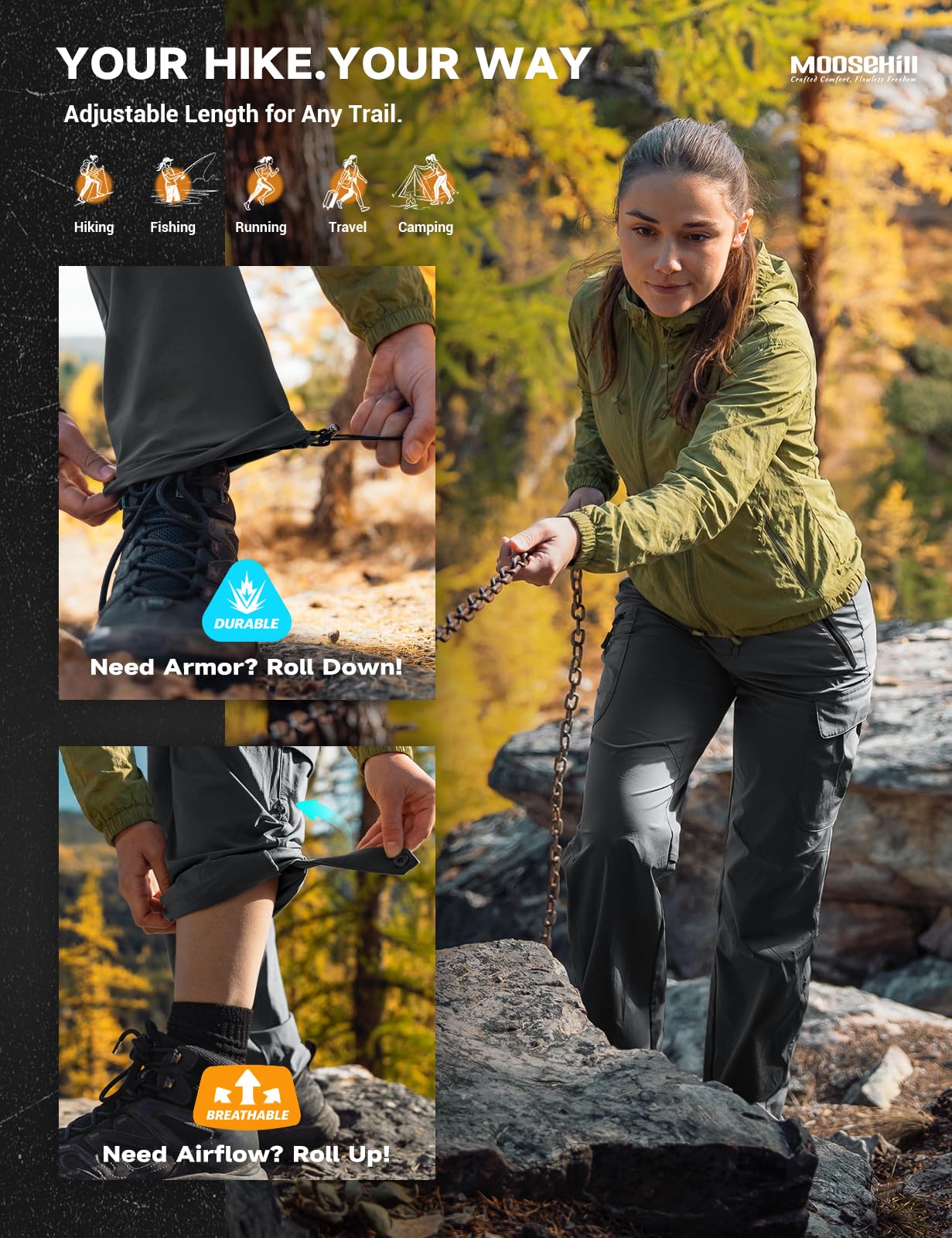 Moosehill Women's-Hiking-Pants-Cargo-Quick-Dry-Stretch-Lightweight Work Outdoor Pants with 5 Deep Pockets(Dark Grey, 12, 31in)
