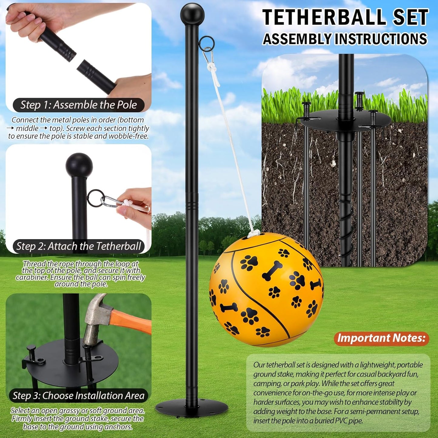 10 ft Tetherball Set with 2 Balls, Portable Replacement Tetherball Ball and Rope and Pole Tether Equipment Adjustable Pole Game for Adult Dog Outdoor Backyard Beach
